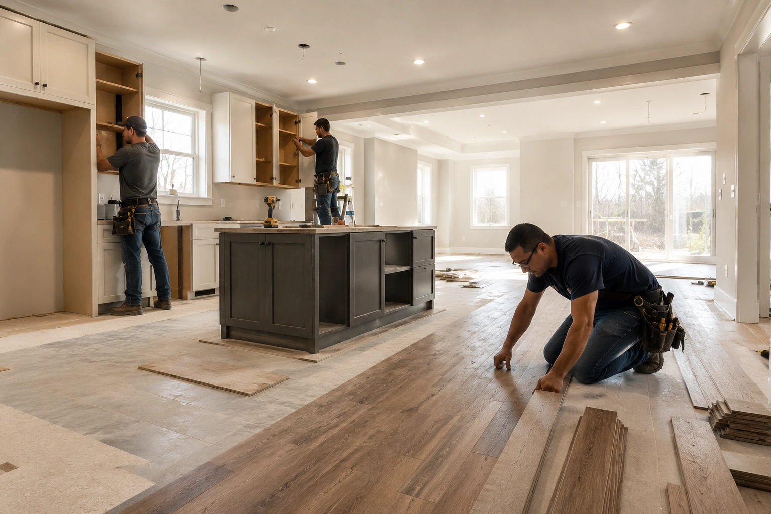 Professional contractors completing a full home remodel