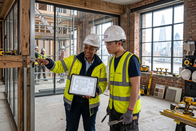 Construction supervisor mentoring renovation team members