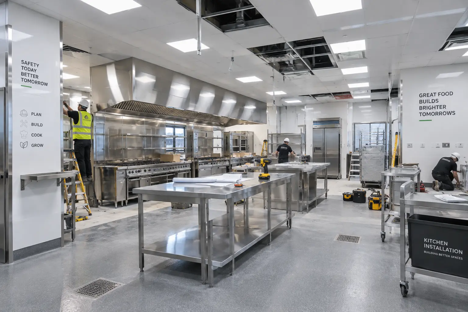 Modern commercial kitchen renovation with durable finishes