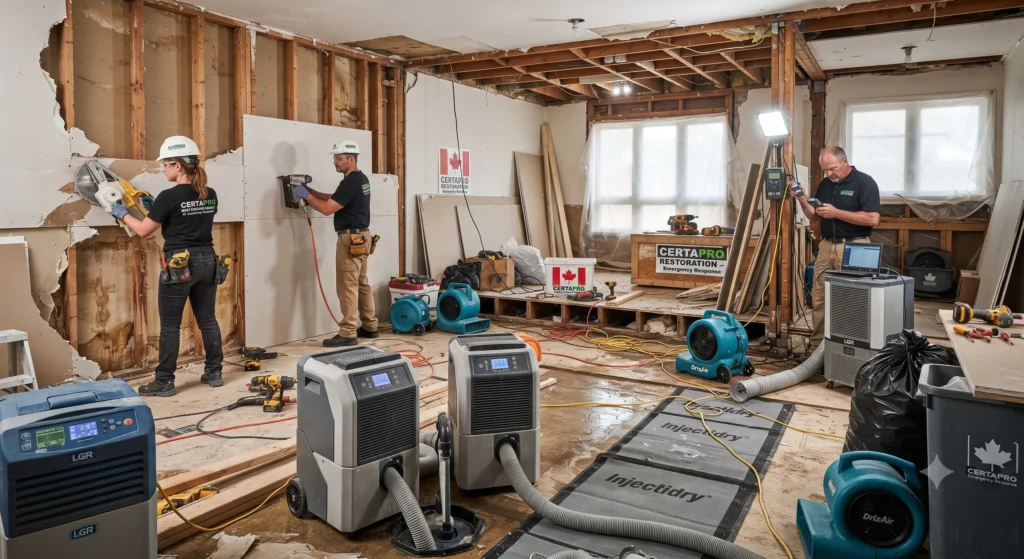 Professional flood and water damage restoration project
