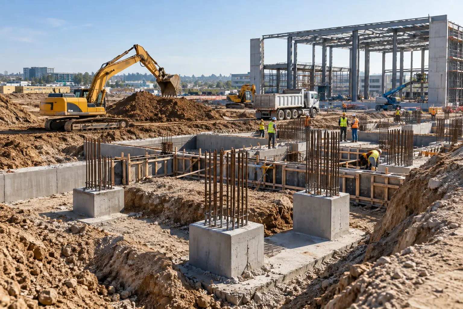 Infrastructure construction with concrete and site preparation