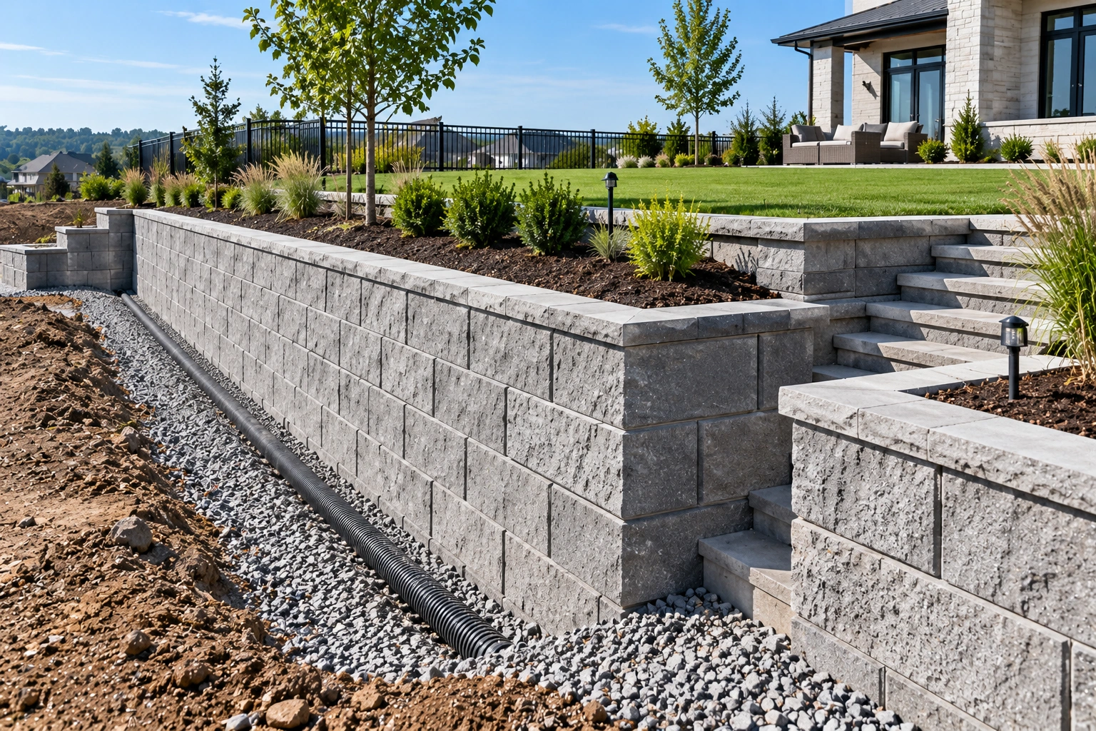 Retaining wall installation during construction