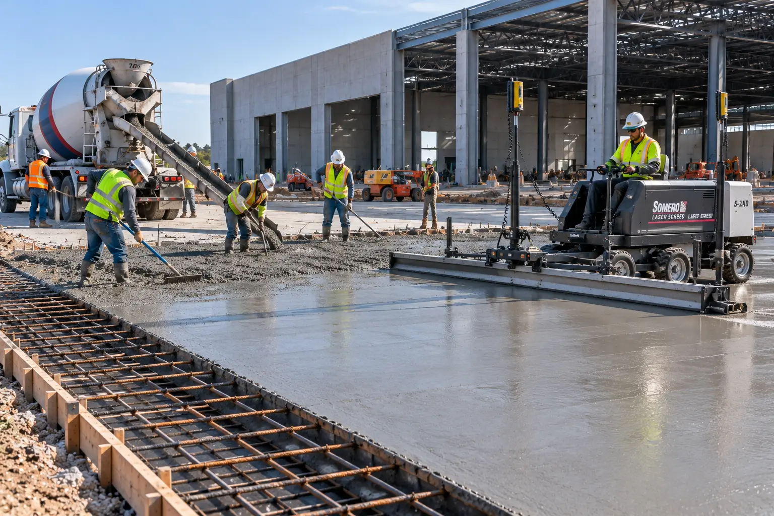 Contractors installing reinforced concrete slab