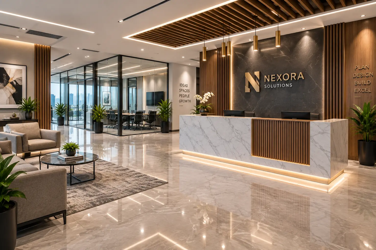 Renovated office reception with modern commercial interior finishes