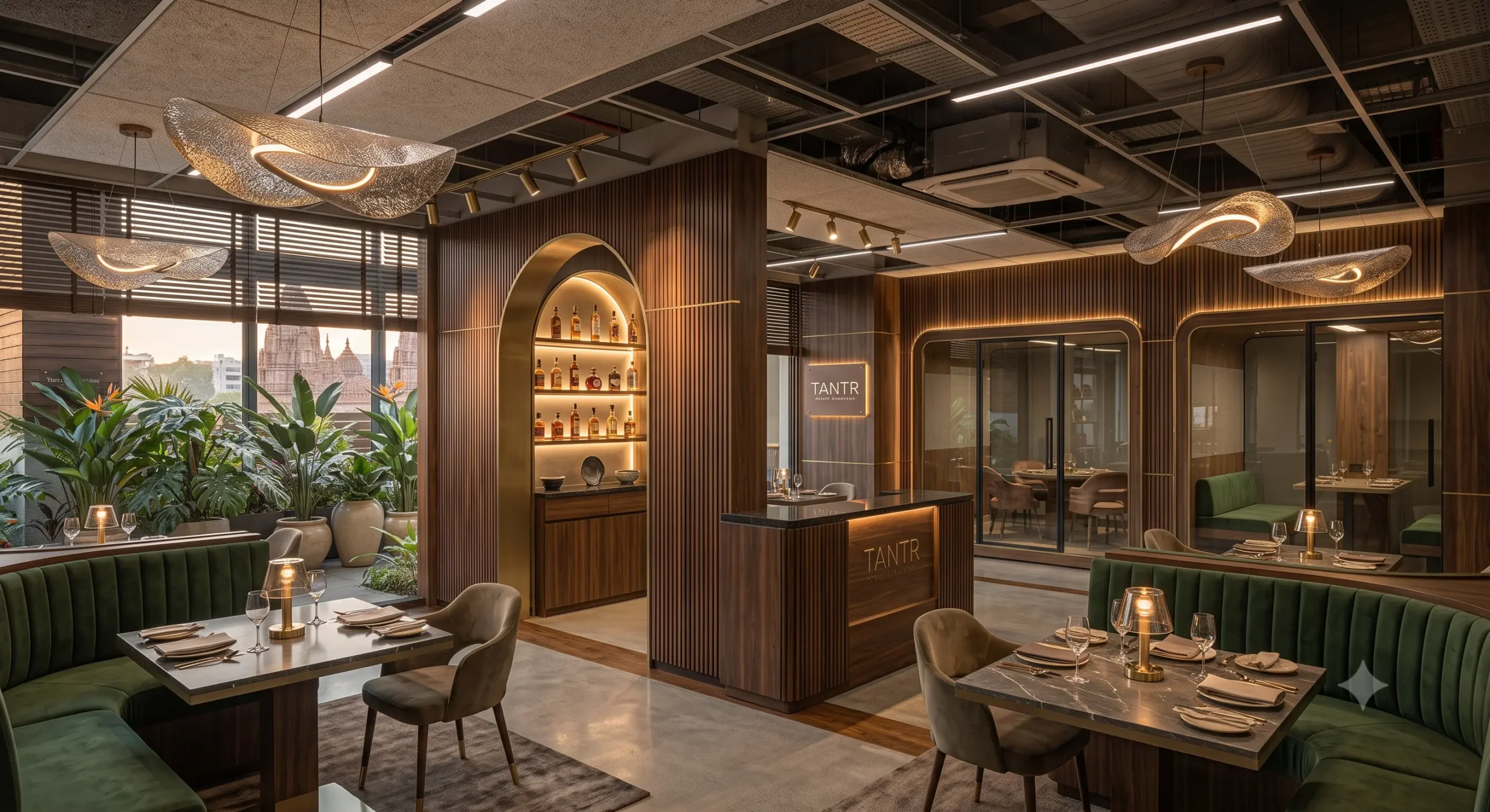 Contemporary restaurant dining area with custom commercial finishes