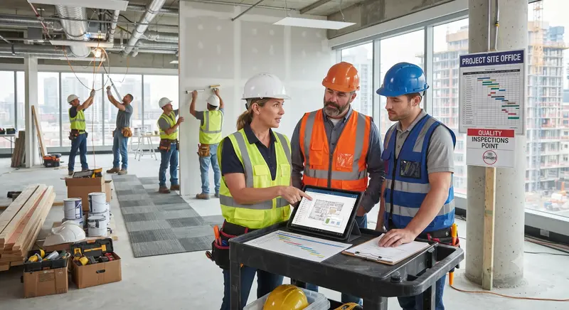 Construction team coordinating renovation activities