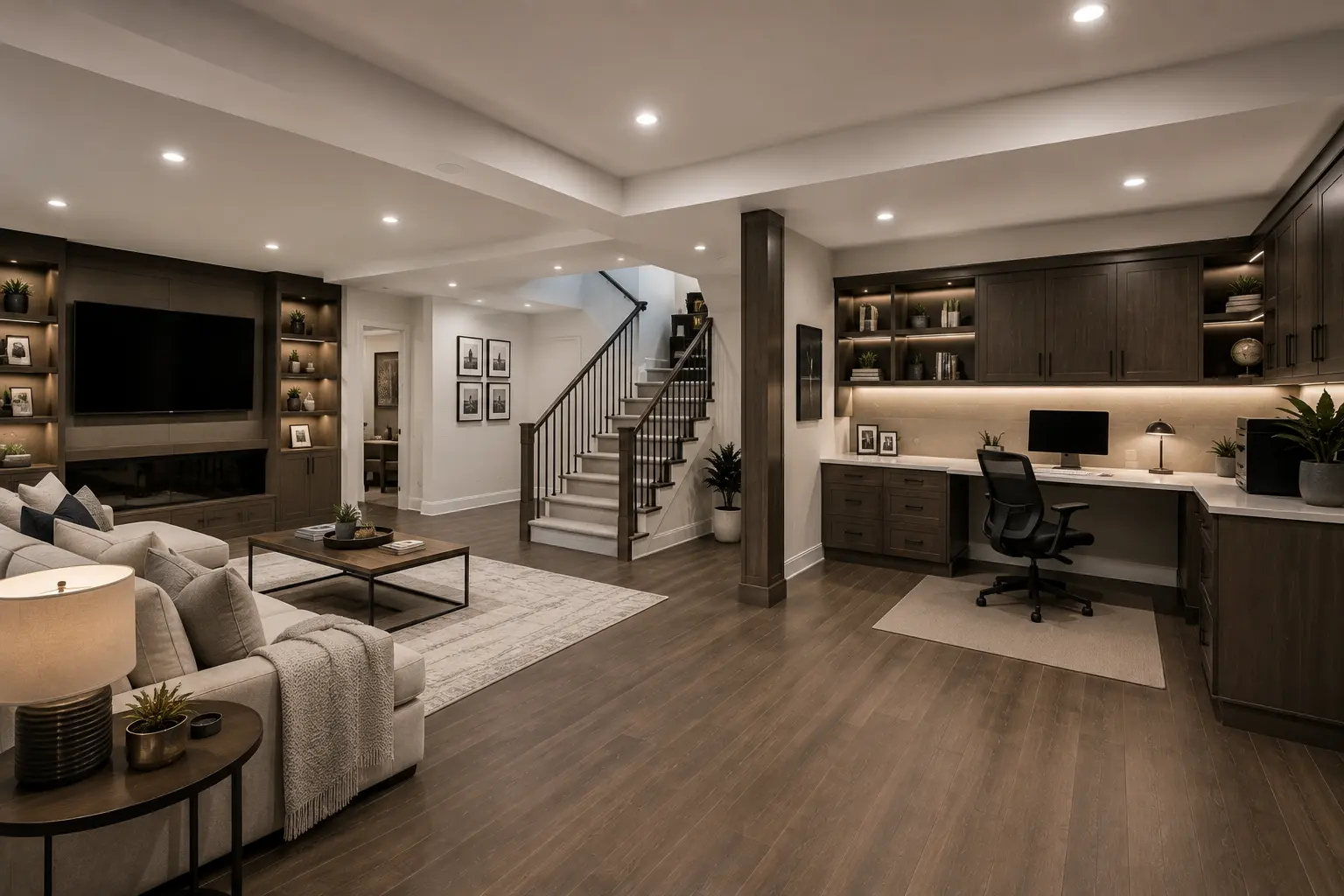 Basement renovation with home office and storage