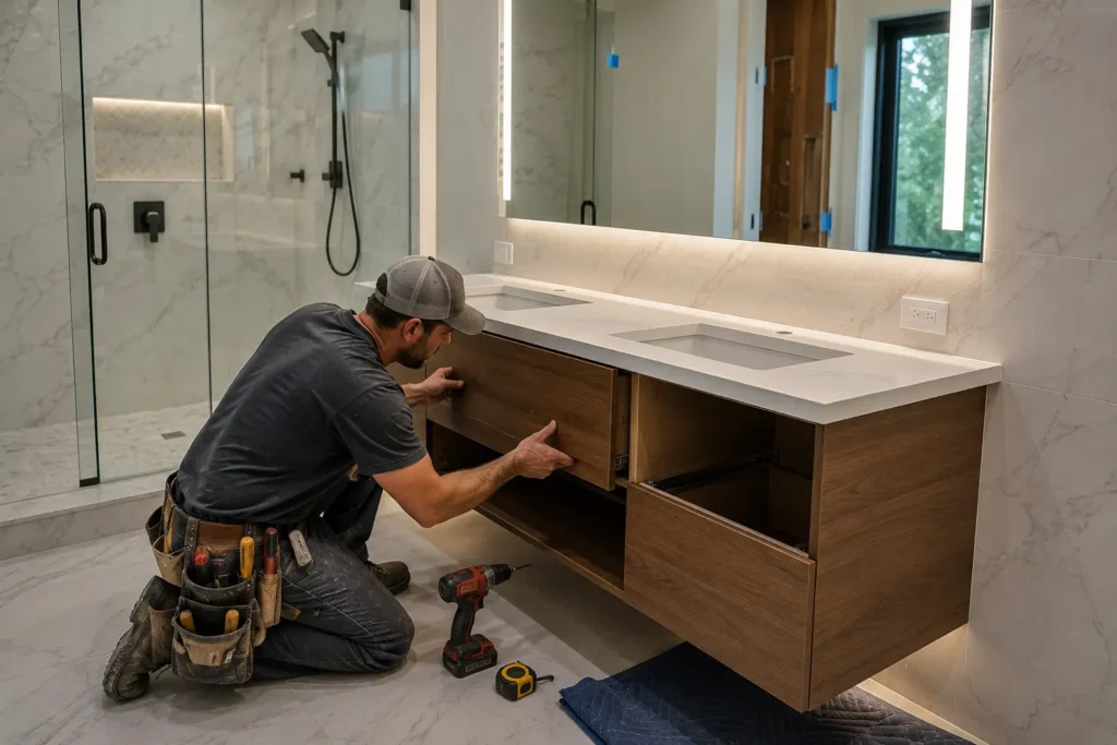 Professional installation of a custom bathroom vanity