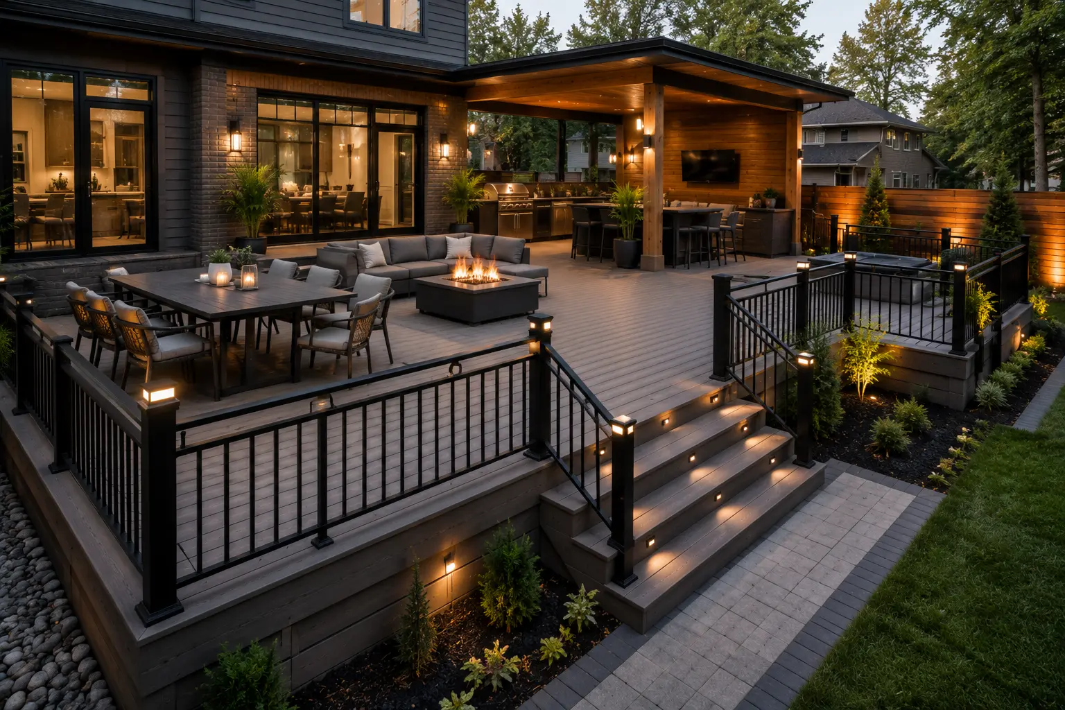 Newly built outdoor deck with modern railing system