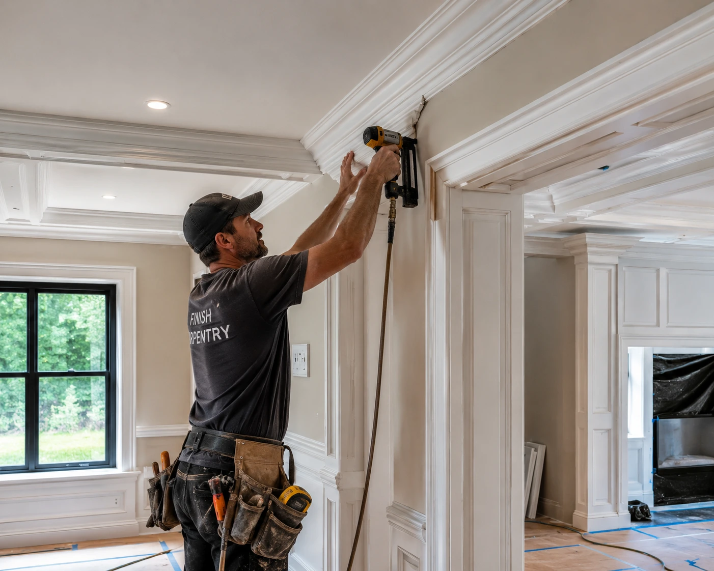 Carpenter installing custom interior trim and moulding