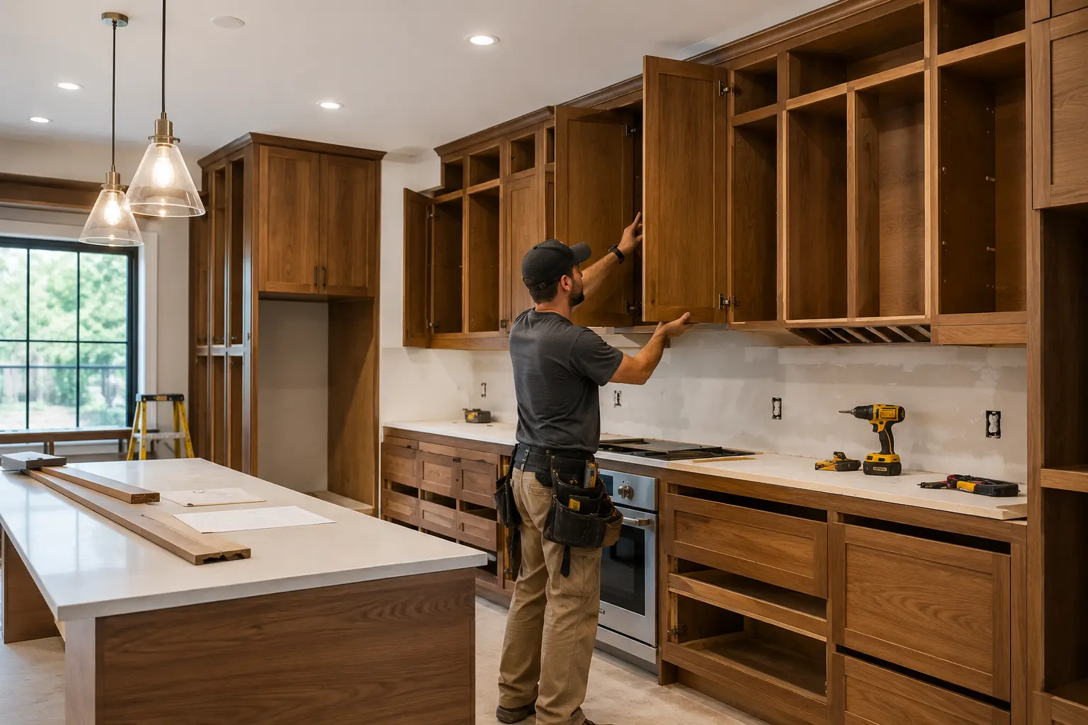 Carpenter installing custom kitchen cabinets