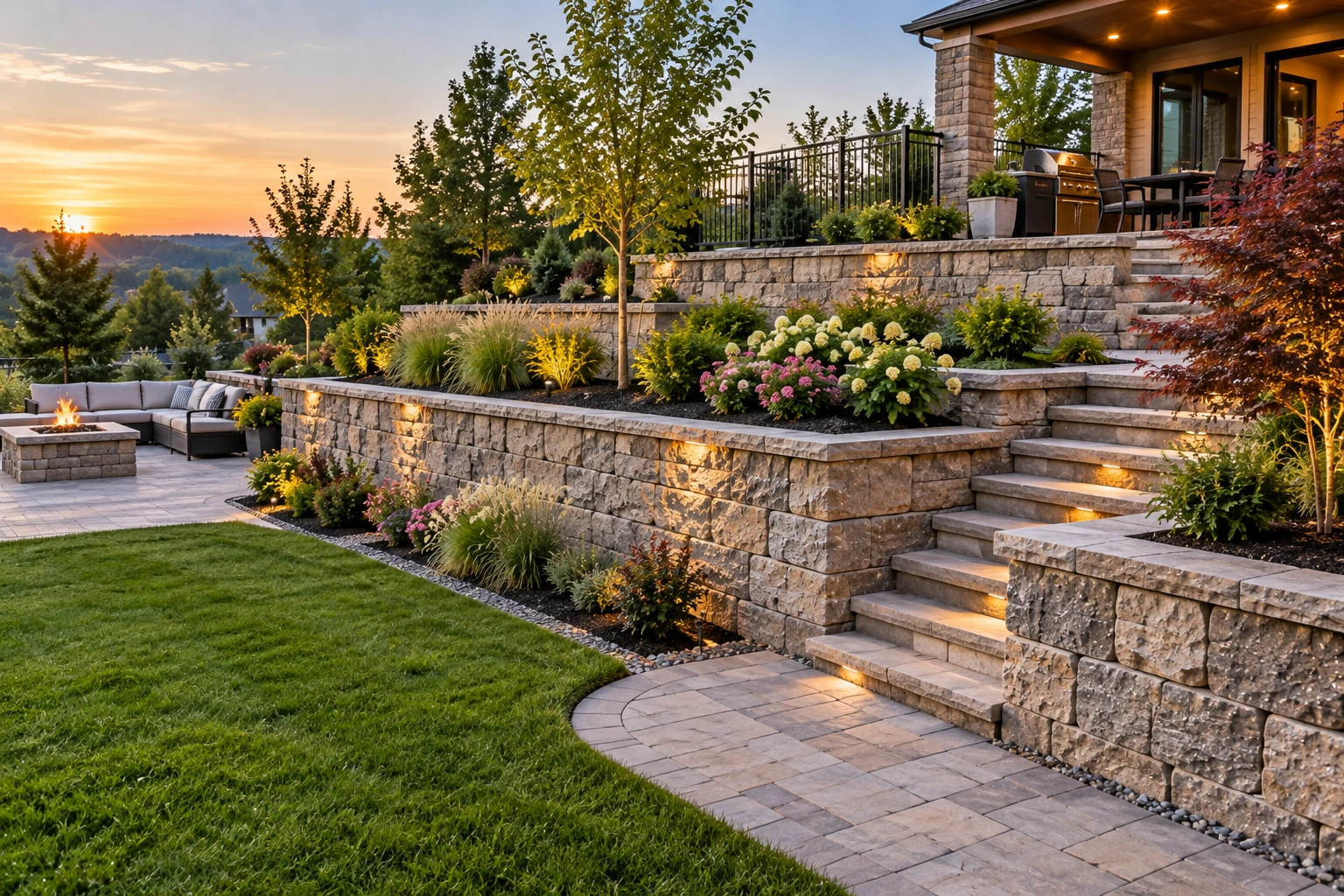 Finished retaining wall with landscaped garden