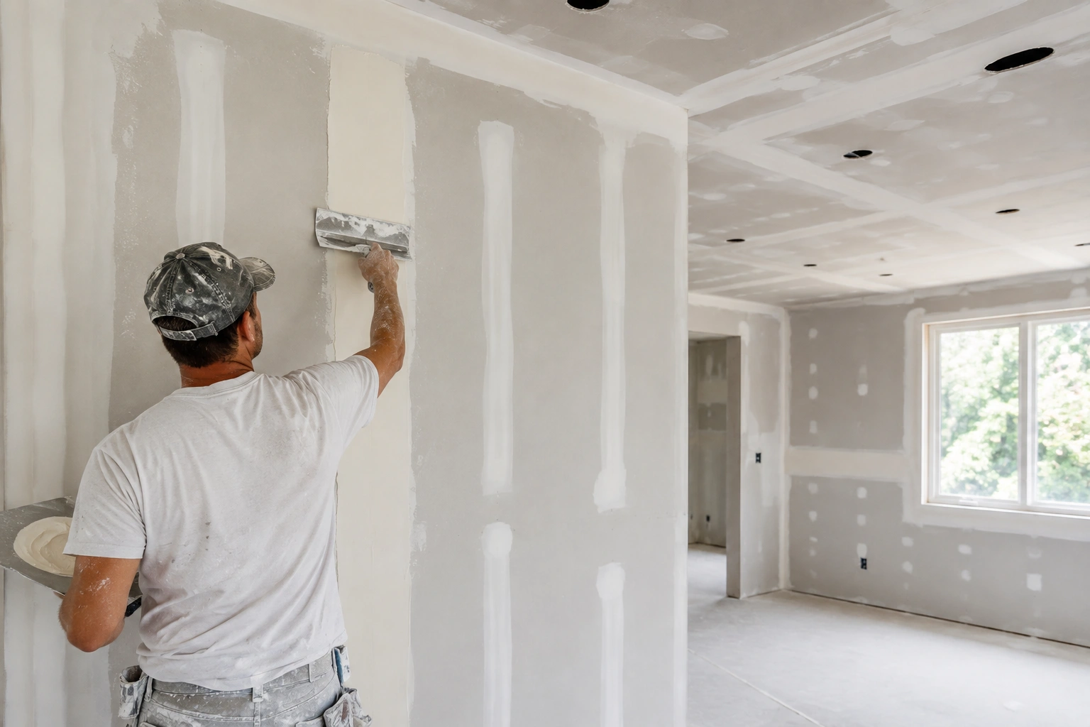 Contractor applying drywall finishing compound