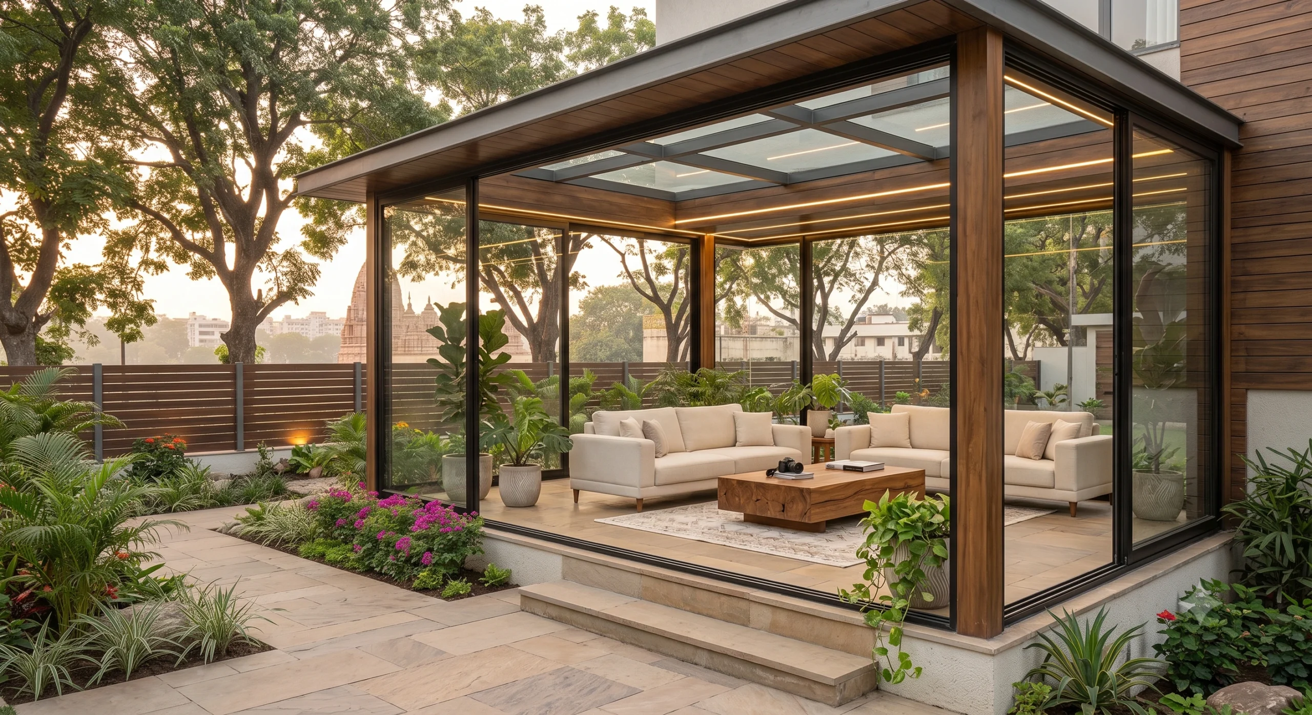 Bright energy-efficient sunroom with panoramic windows