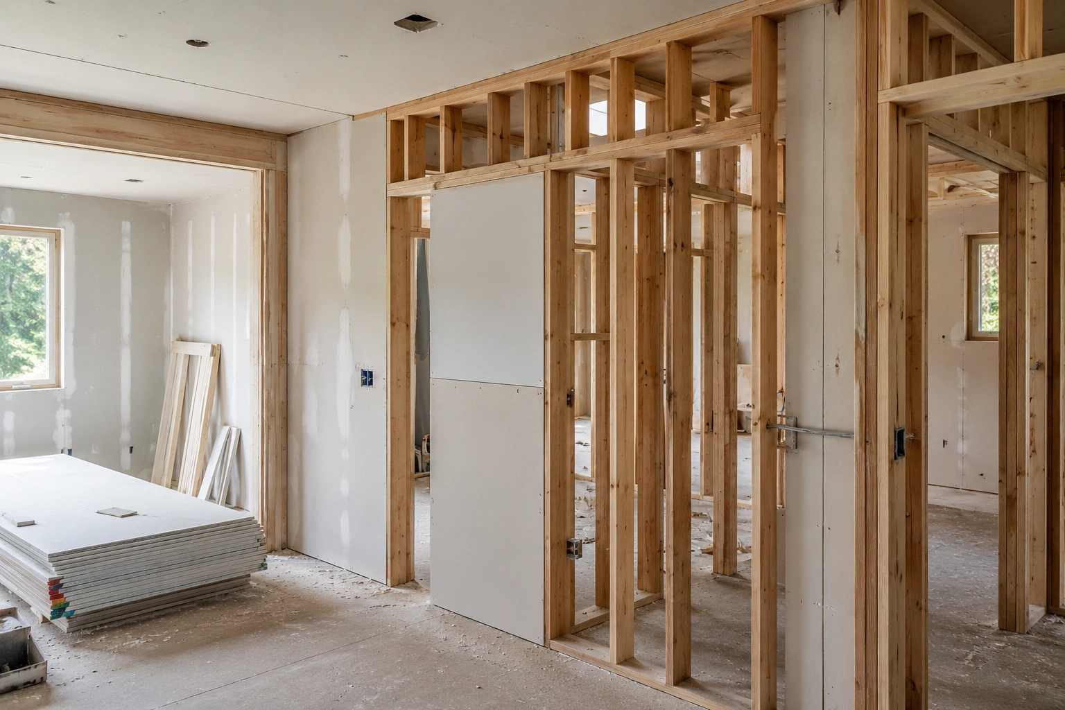 Interior framing and drywall installation in progress