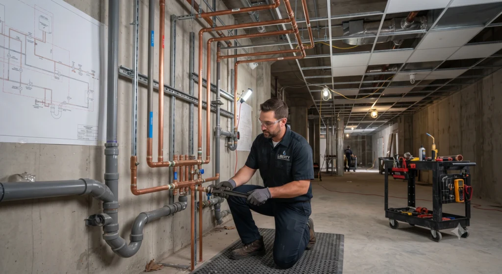 Modern plumbing infrastructure renovation and pipe installation