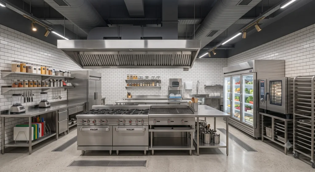 Completed commercial kitchen renovation with modern layout