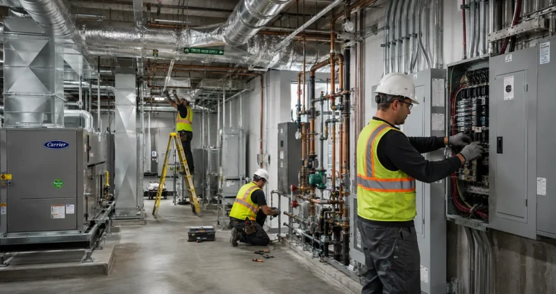 Technicians installing modern mechanical electrical and plumbing systems
