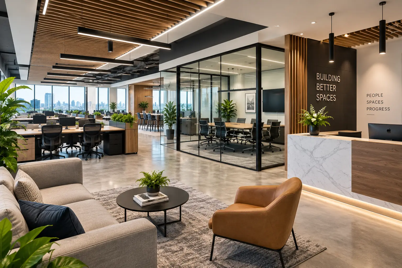 Modern office remodeled with collaborative workspace and premium finishes