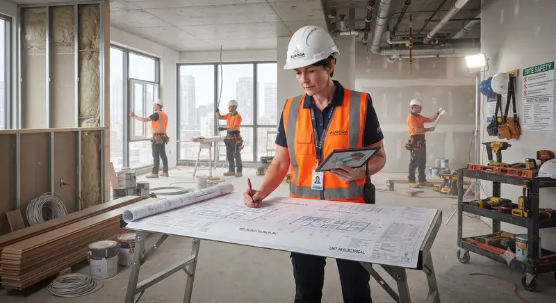 Construction project manager reviewing renovation plans