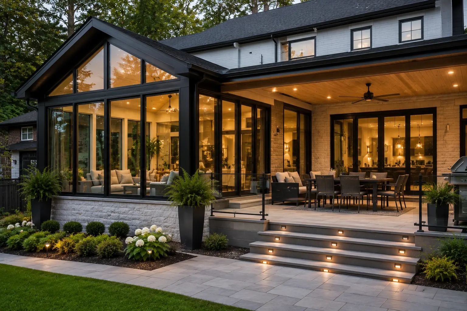 Modern four-season sunroom connected to a renovated home