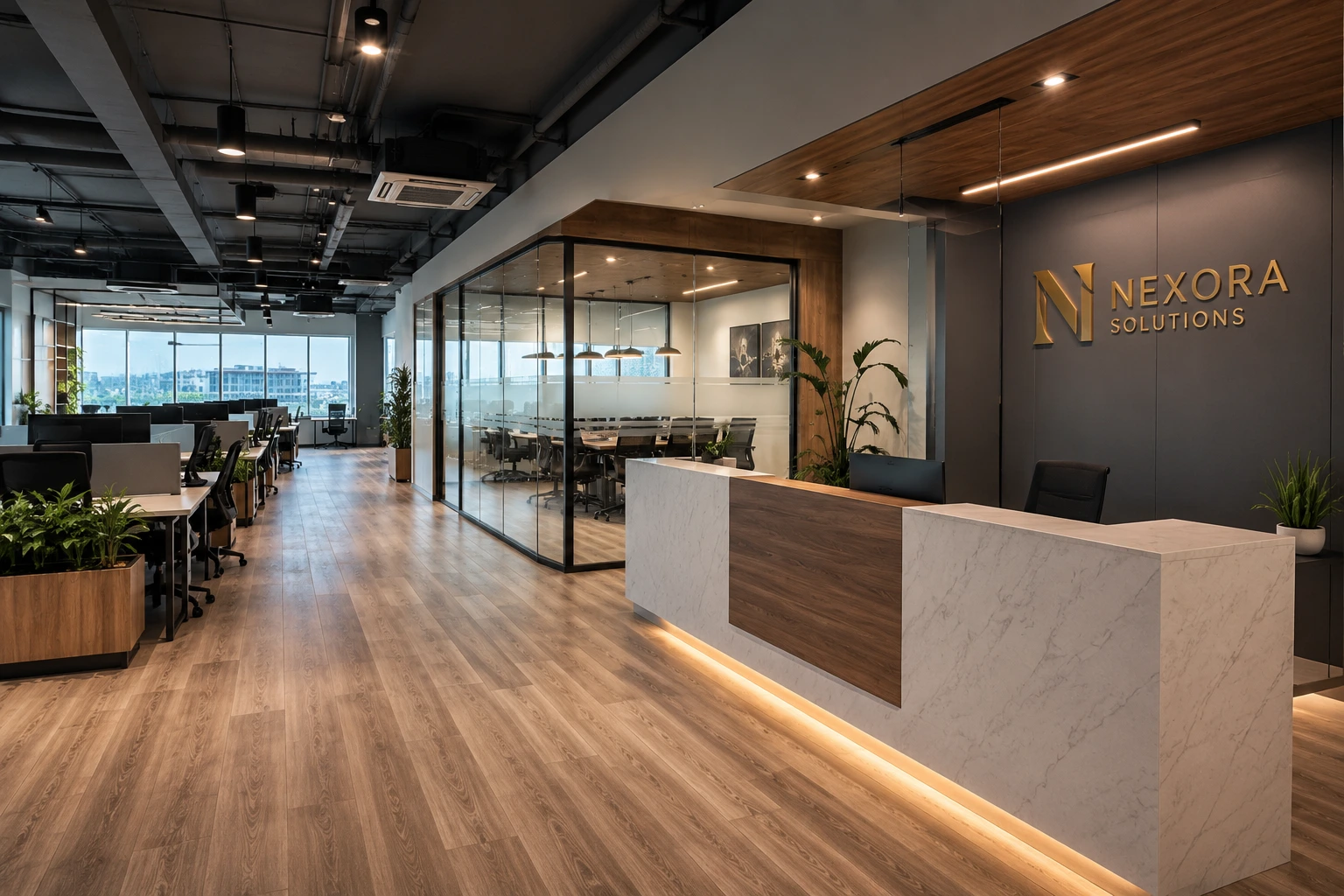 Modern commercial office completed through tenant fit-up services